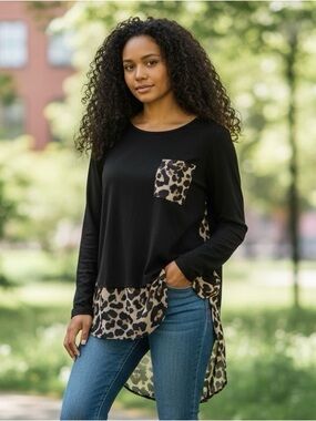 Black Long-Sleeve Top with Leopard Accent